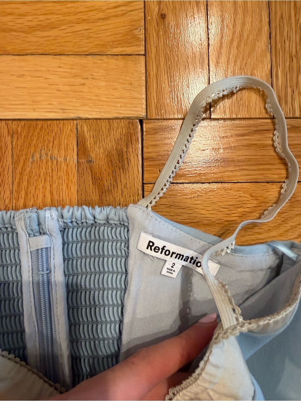 Reformation Pale Blue Smocked Tank Top
